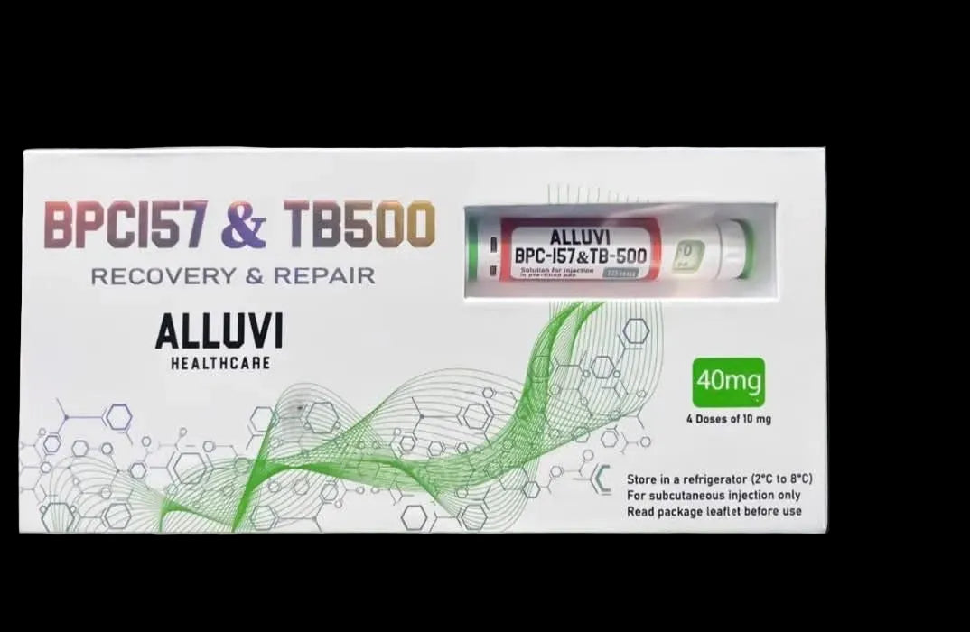 Alluvi Healthcare BPCI57 & TB500 recovery and repair packaging on a blurred background